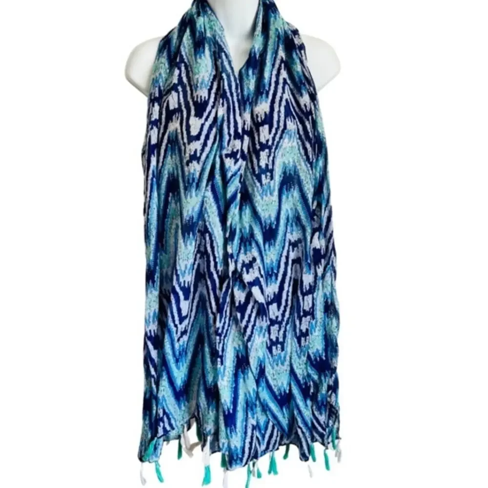 Blue Teal White Sheer Tasseled Zig Zag Geometric Scarf 40
